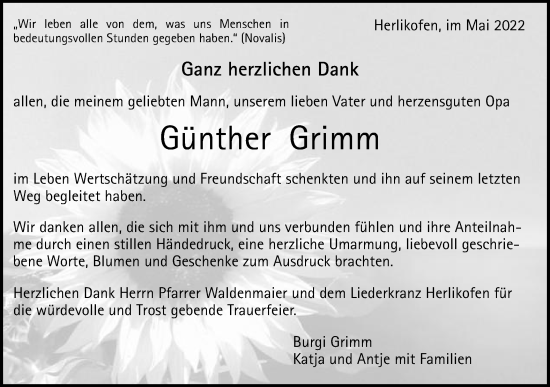 Traueranzeige von Günther Grimm von Gmünder Tagespost