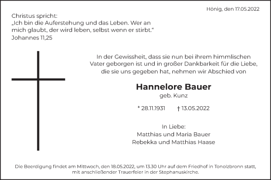 Traueranzeige von Hannelore Bauer von Gmünder Tagespost
