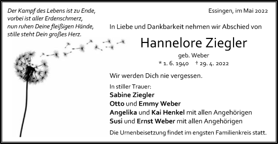 Traueranzeige von Hannelore Ziegler von Schwäbische Post