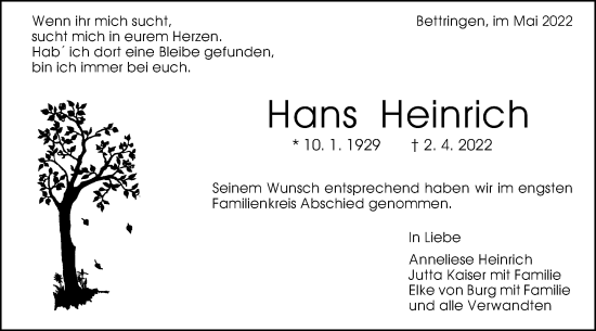 Traueranzeige von Hans Heinrich von Gmünder Tagespost