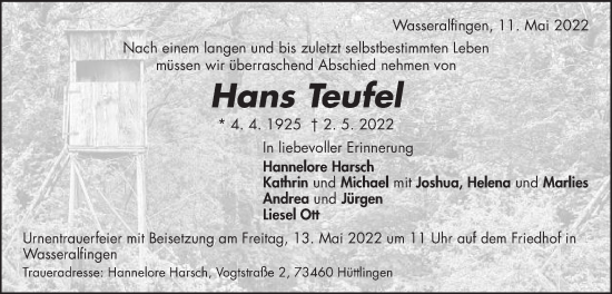 Traueranzeige von Hans Teufel von Schwäbische Post