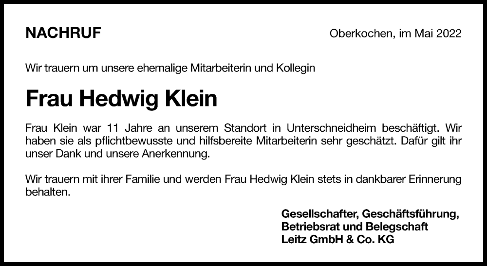  Traueranzeige für Hedwig Klein vom 13.05.2022 aus Schwäbische Post
