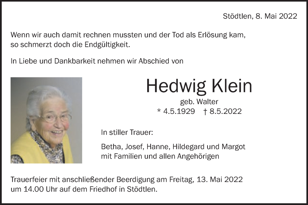  Traueranzeige für Hedwig Klein vom 11.05.2022 aus Schwäbische Post