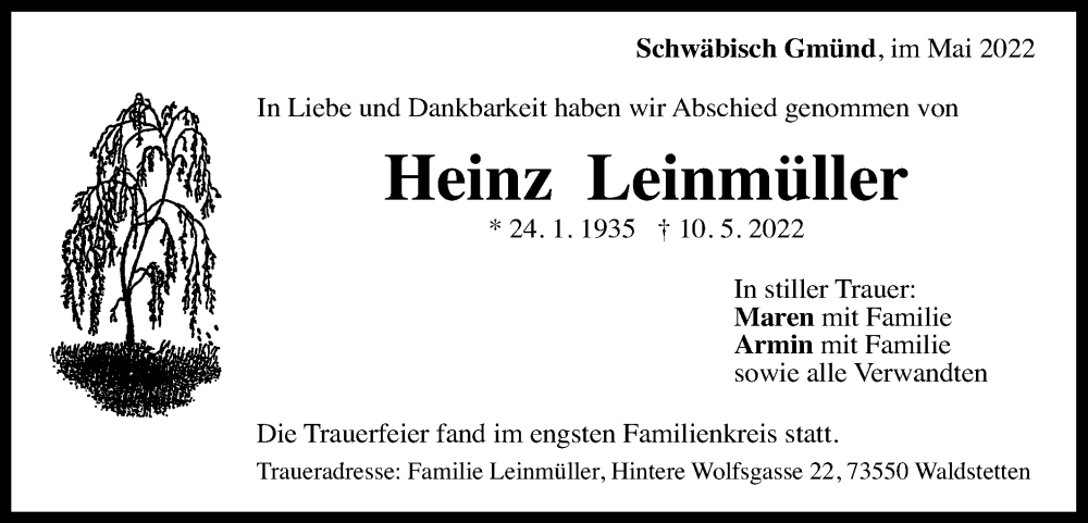  Traueranzeige für Heinz Leinmüller vom 21.05.2022 aus Gmünder Tagespost