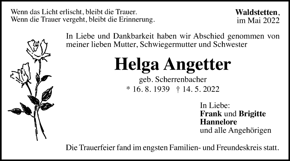  Traueranzeige für Helga Angetter vom 25.05.2022 aus Gmünder Tagespost