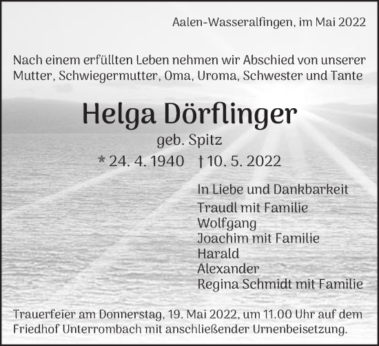 Traueranzeige von Helga Dörflinger von Schwäbische Post