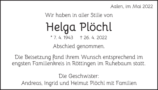 Traueranzeige von Helga Plöchl von Schwäbische Post
