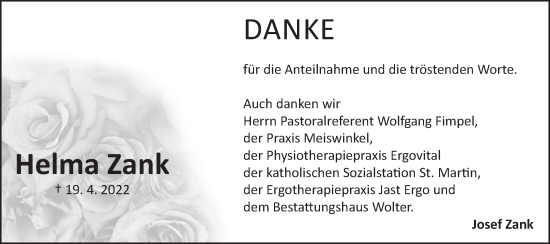 Traueranzeige von Helma Zank von Schwäbische Post