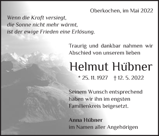 Traueranzeige von Helmut Hübner von Amtsblatt_Oko