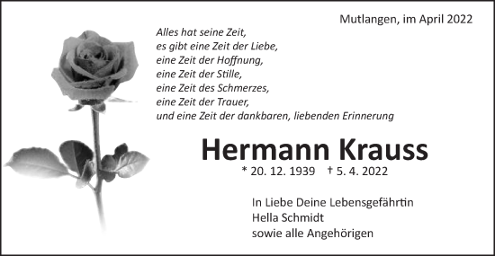 Traueranzeige von Hermann Krauss von Gmünder Tagespost