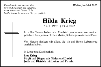 Traueranzeige von Hilda Krieg von Gmünder Tagespost