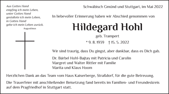 Traueranzeige von Hildegard Hohl von Gmünder Tagespost