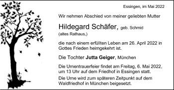 Traueranzeige von Hildegard Schäfer von Schwäbische Post