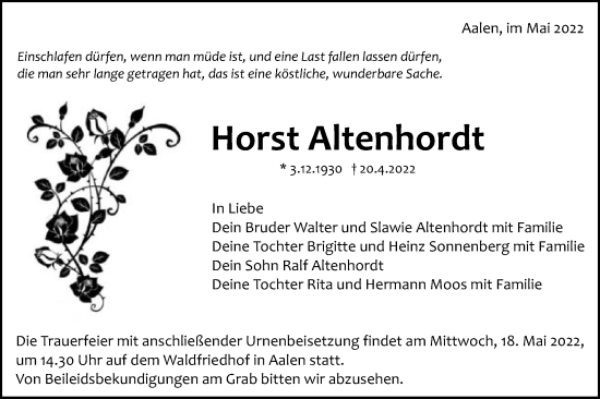 Traueranzeige von Horst Altenhordt von Schwäbische Post