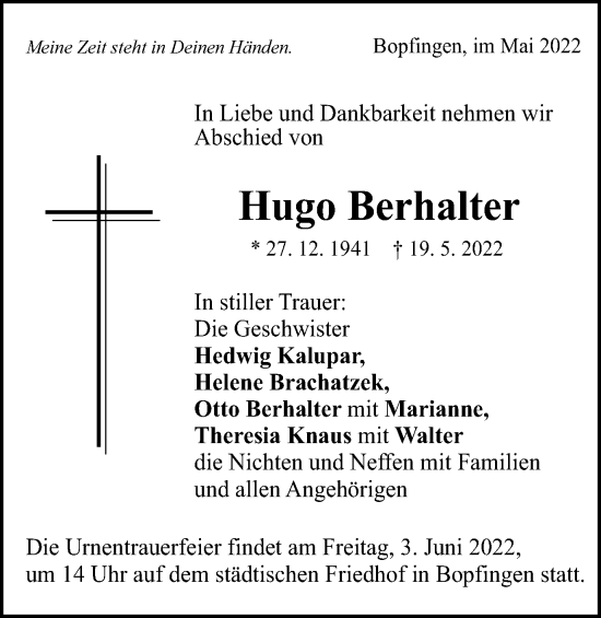 Traueranzeige von Hugo Berhalter von Schwäbische Post