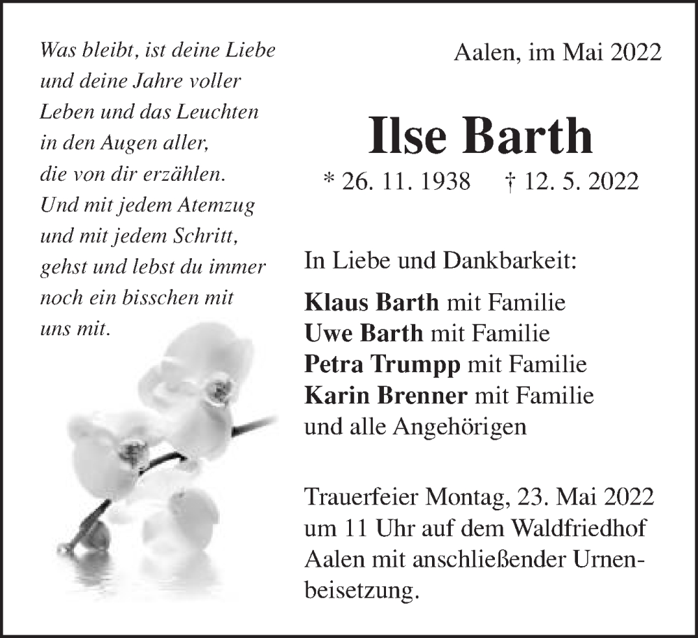  Traueranzeige für Ilse Barth vom 19.05.2022 aus Schwäbische Post