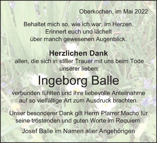 Traueranzeige von Ingeborg Balle von Amtsblatt_Oko