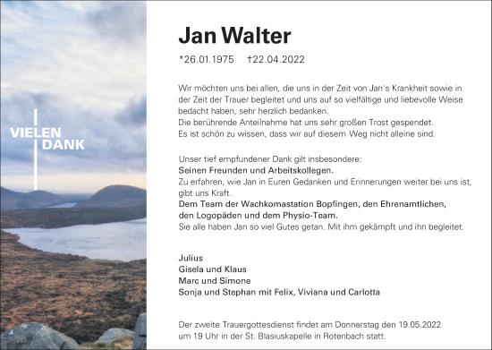 Traueranzeige von Jan Walter von Schwäbische Post