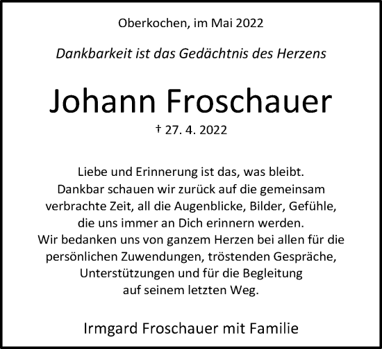 Traueranzeige von Johann Froschauer von Amtsblatt_Oko
