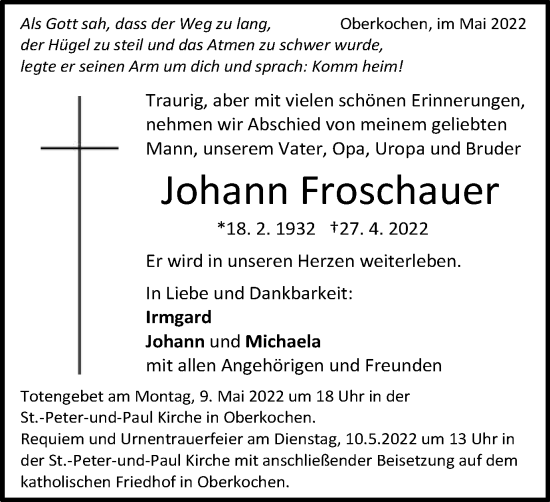 Traueranzeige von Johann Froschauer von Schwäbische Post