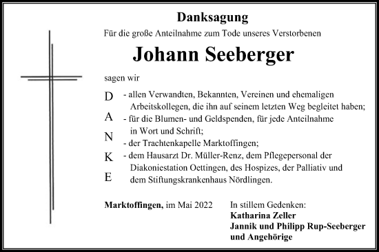 Traueranzeige von Johann Seeberger von Schwäbische Post