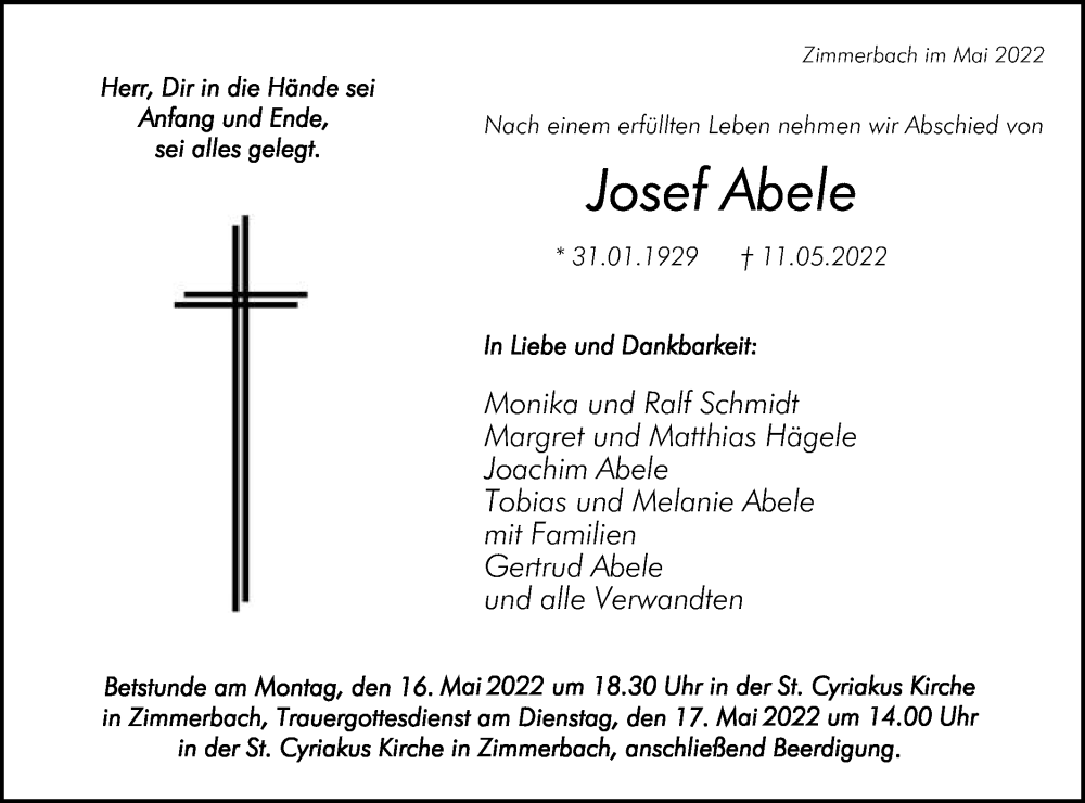  Traueranzeige für Josef Abele vom 14.05.2022 aus Gmünder Tagespost