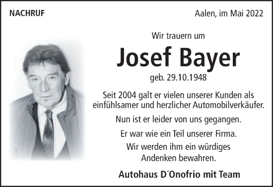 Traueranzeige von Josef Bayer von Schwäbische Post