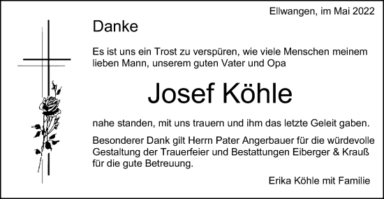 Traueranzeige von Josef Köhle von Schwäbische Post