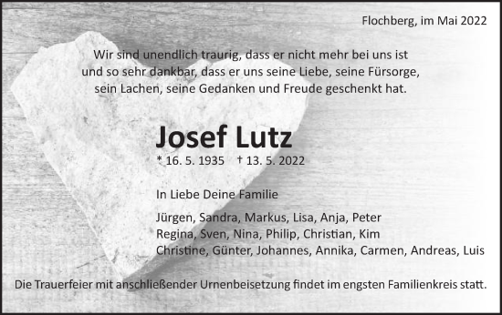 Traueranzeige von Josef Lutz von Schwäbische Post