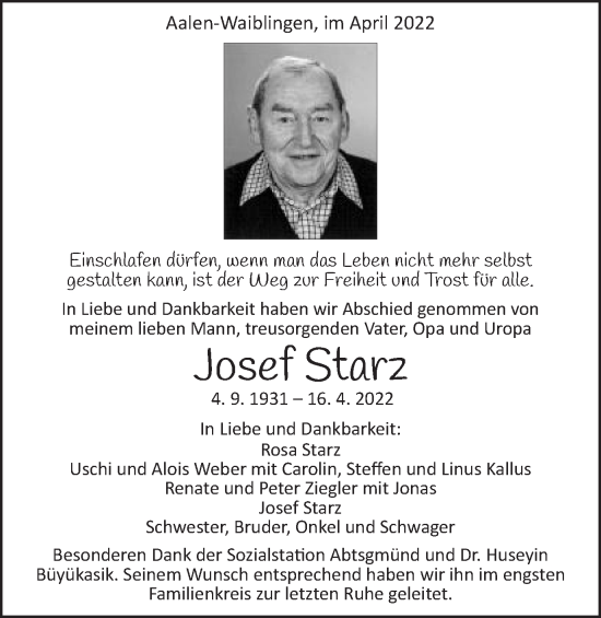 Traueranzeige von Josef Starz von Schwäbische Post