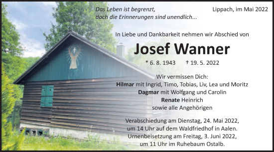 Traueranzeige von Josef Wanner von Schwäbische Post