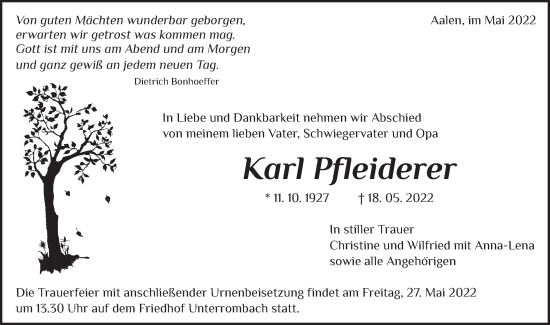 Traueranzeige von Karl Pfleiderer von Schwäbische Post