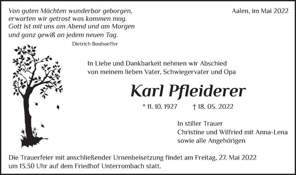 Traueranzeige für Karl Pfleiderer vom 24.05.2022 aus Schwäbische Post