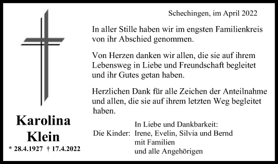 Traueranzeige von Karolina Klein von Gmünder Tagespost
