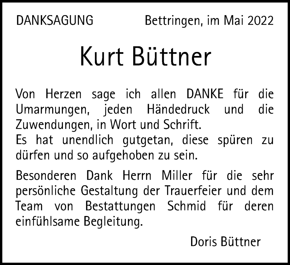 Traueranzeige für Kurt Büttner vom 21.05.2022 aus Gmünder Tagespost