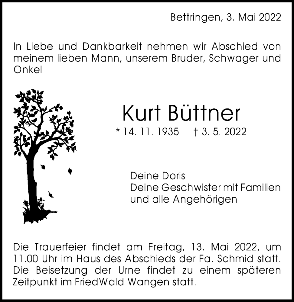 Traueranzeige für Kurt Büttner vom 07.05.2022 aus Gmünder Tagespost