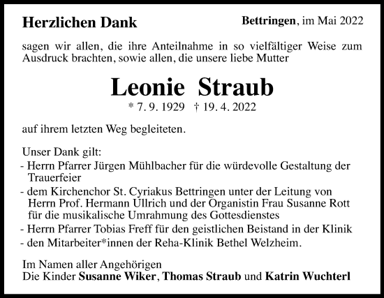 Traueranzeige von Leonie Straub von Gmünder Tagespost