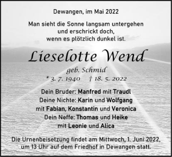 Traueranzeige von Lieselotte Wend von Schwäbische Post