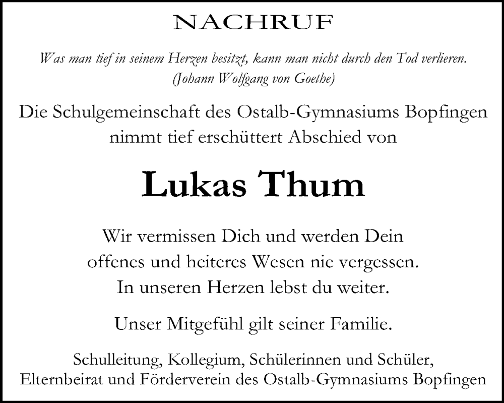  Traueranzeige für Lukas Thum vom 20.05.2022 aus Schwäbische Post