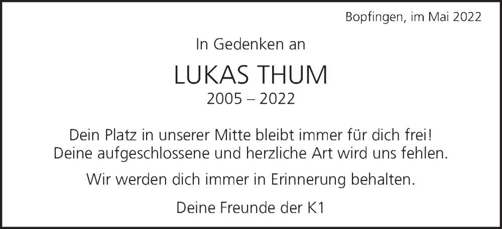  Traueranzeige für Lukas Thum vom 20.05.2022 aus Schwäbische Post