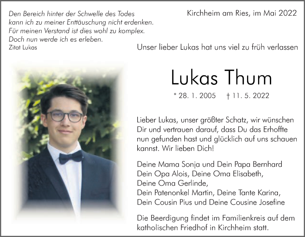 Traueranzeige für Lukas Thum vom 14.05.2022 aus Schwäbische Post