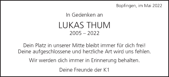 Traueranzeige von Lukas Thum von Schwäbische Post