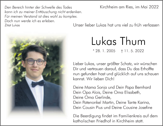 Traueranzeige von Lukas Thum von Schwäbische Post