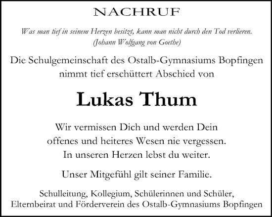 Traueranzeige von Lukas Thum von Schwäbische Post