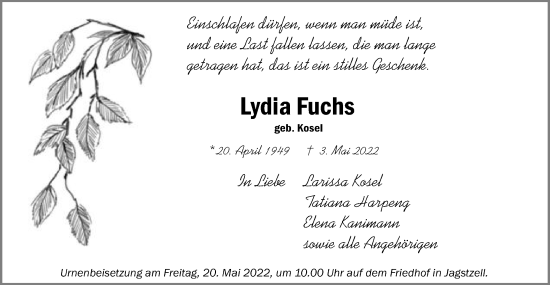 Traueranzeige von Lydia Fuchs von Schwäbische Post