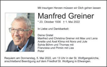 Traueranzeige von Manfred Greiner von Schwäbische Post