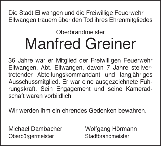Traueranzeige von Manfred Greiner von Schwäbische Post