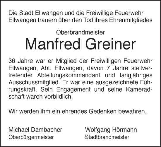 Traueranzeige von Manfred Greiner