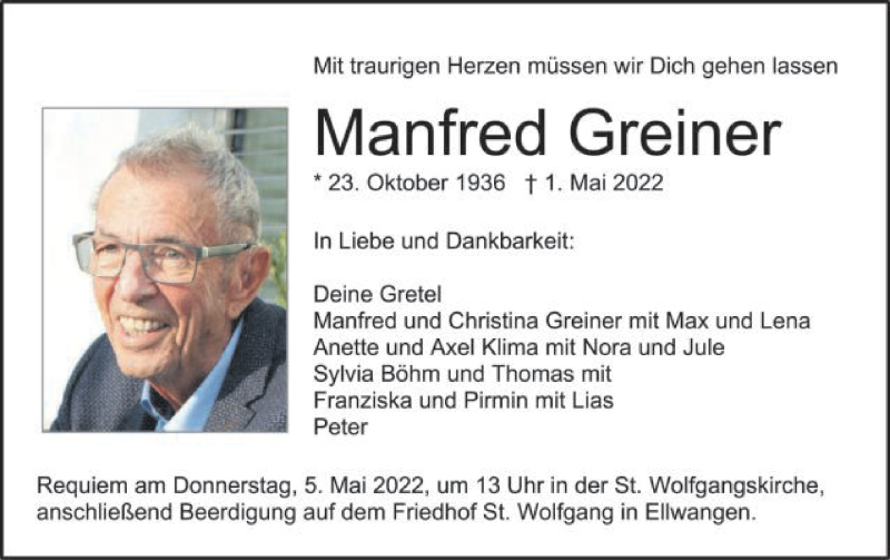  Traueranzeige für Manfred Greiner vom 04.05.2022 aus Schwäbische Post