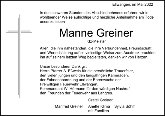 Traueranzeige von Manne Greiner von Schwäbische Post